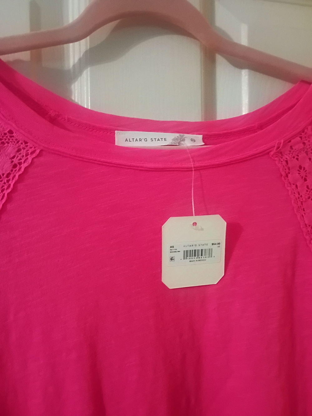Altar'd State Bright Pink Short Sleeve Lace-Panel Tee - Picture 2 of 3